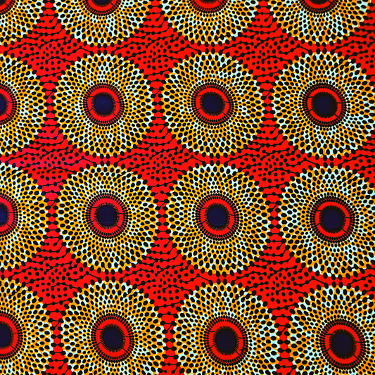 African Fabrics By the Yard - Ankara Kitenge - Large Circles - Orange, Black, and Red Background