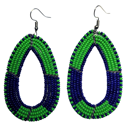 African Kenyan Maasai Beaded Tear Drops Earrings: Color Blocking in Yellow, Orange, Black, White, Blue, and Red