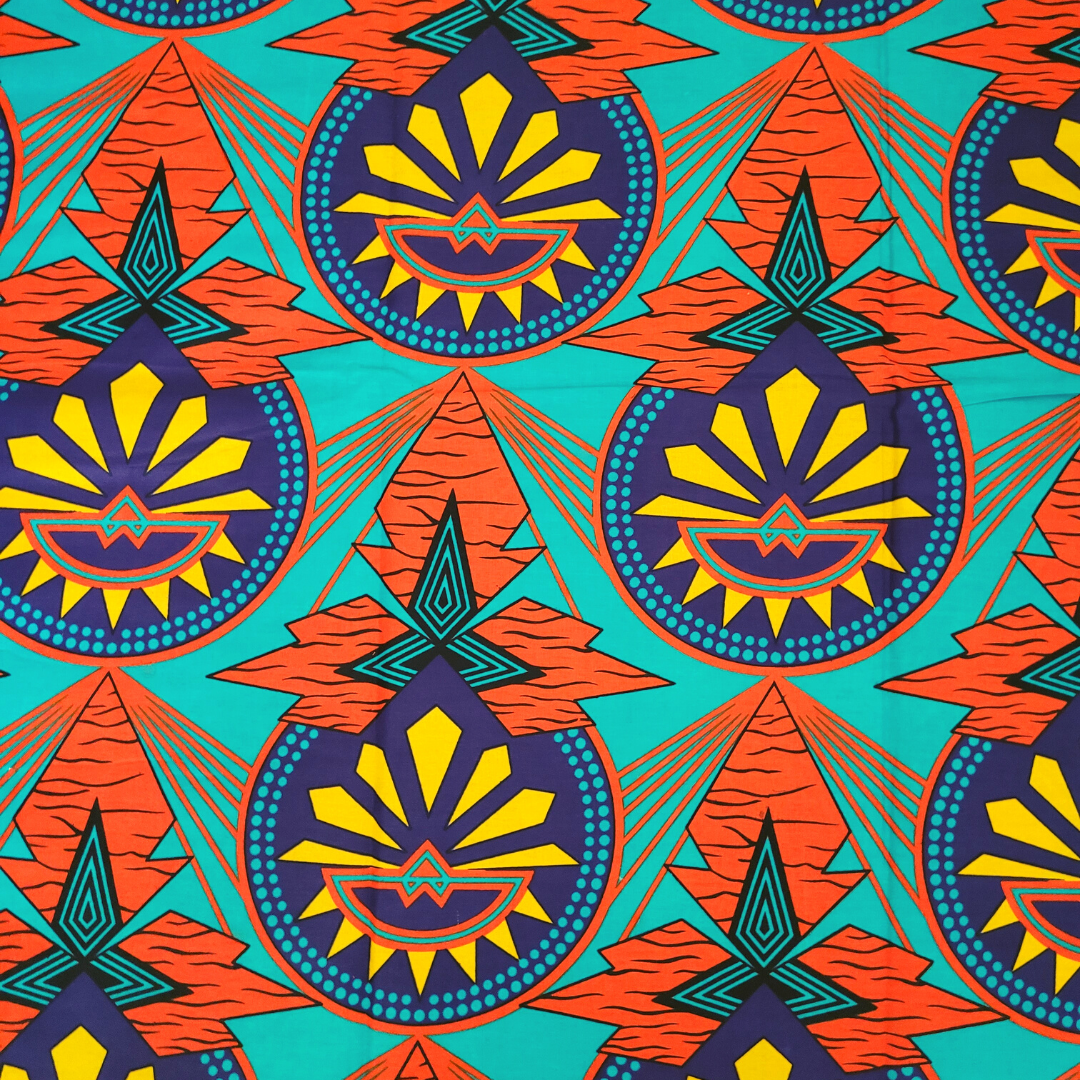 African Fabrics By the Yard- Ankara Kitenge - Indigenious Pattern- Electric Blue, Red, Yellow