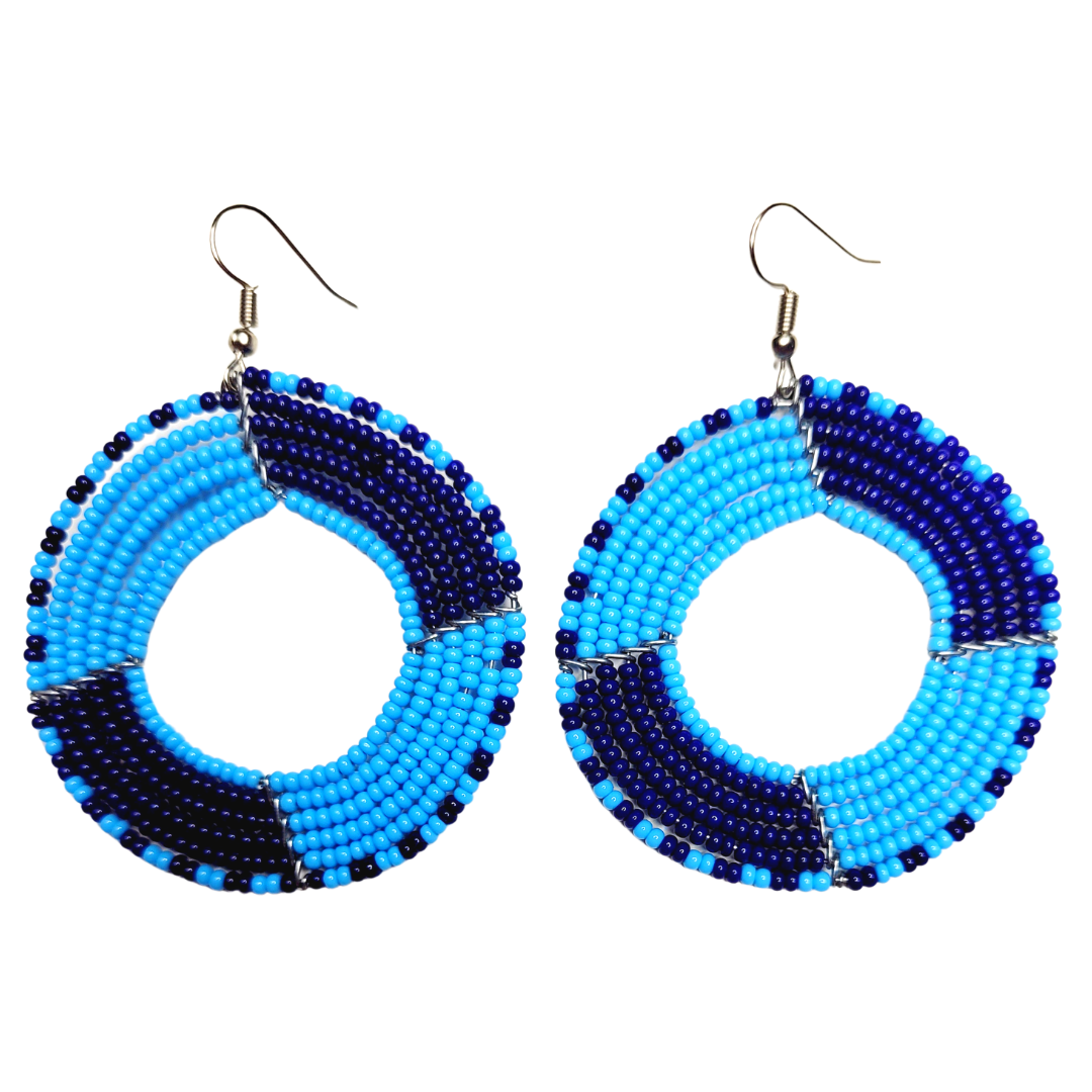 African Kenyan Maasai Beaded Circle Hoop Earrings: Multiple Colors and Patterns in Yellow, Orange, Black, Green, White, Marigold, Blue, Navy and Red