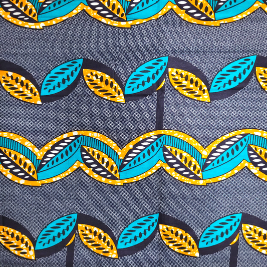 African Fabrics By the Yard - Ankara Print - Dark Blue, Turquoise, Marigold Yellow