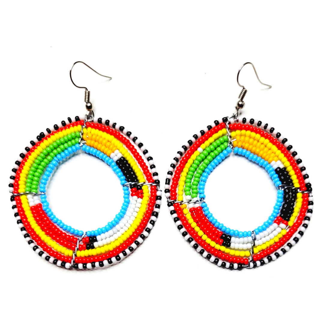 African Kenyan Maasai Beaded Circle Hoop Earrings: Multiple Colors and Traditional Patterns in Yellow, Orange, Black, Green, White, Marigold, Blue, Navy and Red