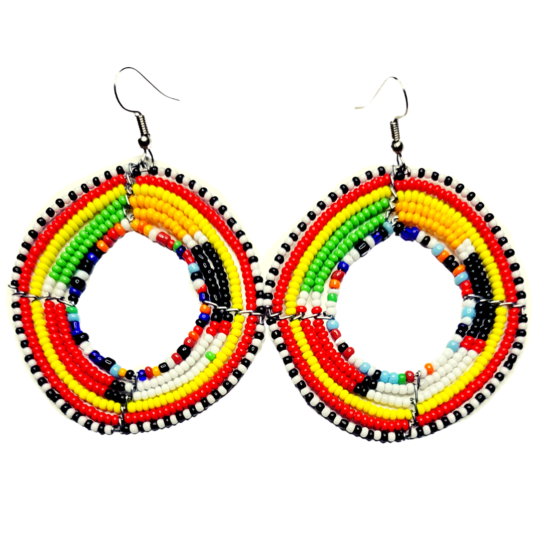 African Kenyan Maasai Beaded Circle Hoop Earrings: Multiple Colors and Traditional Patterns in Yellow, Orange, Black, Green, White, Marigold, Blue, Navy and Red