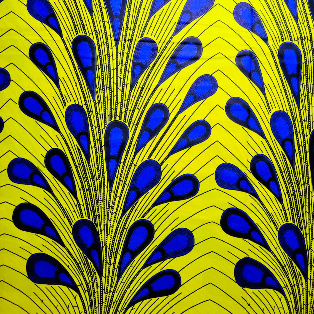 African Fabrics By the Yard - Ankara and Kitenge - Yellow and Blue Peacock Feathers