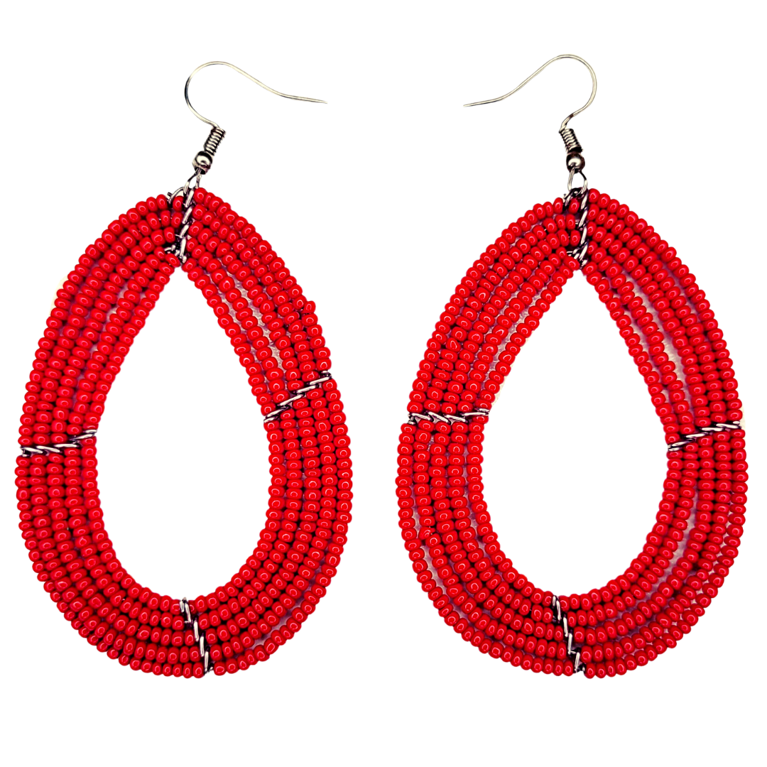 African Kenyan Maasai Beaded Tear Drops Earrings: Solid Colors in White, Marigold, Red, and Deep Periwrinkle Blue