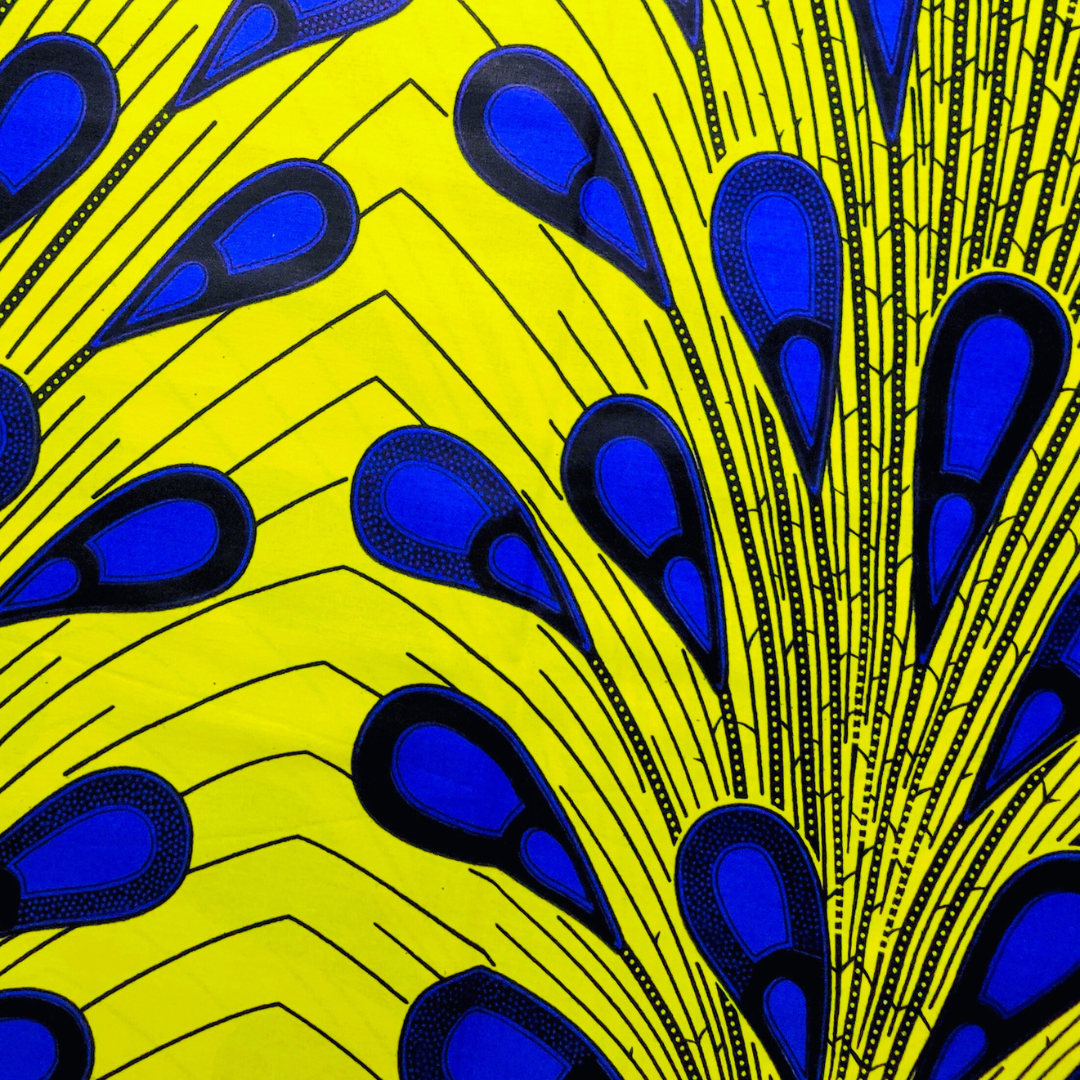 African Fabrics By the Yard - Ankara and Kitenge - Yellow and Blue Peacock Feathers