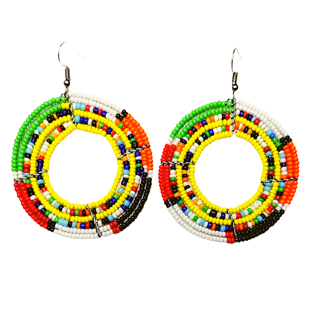 African Kenyan Maasai Beaded Circle Hoop Earrings: Multiple Colors and Patterns in Yellow, Orange, Black, Green, White, Light Blue, Navy and Red