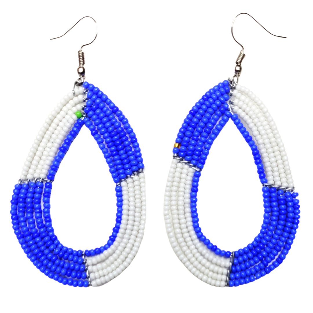 African Kenyan Maasai Beaded Tear Drops Earrings: Color Blocking in Silver, White, Blue, Brown, and Black