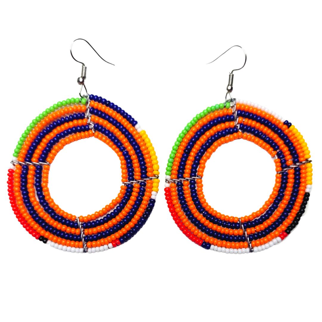 African Kenyan Maasai Beaded Circle Hoop Earrings: Multiple Colors and Pattern Bulls Eyes in Yellow, Orange, Black, Greenm White, Light Blue, Navy and Red