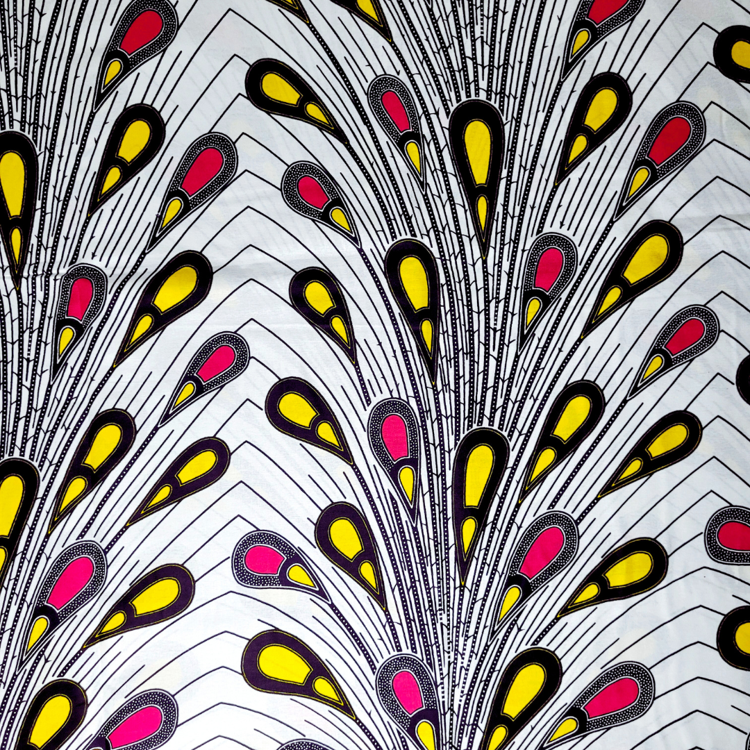 African Fabrics By the Yard- Ankara and Kitenge - White with Hot Pink and Yellow Peacock Feathers