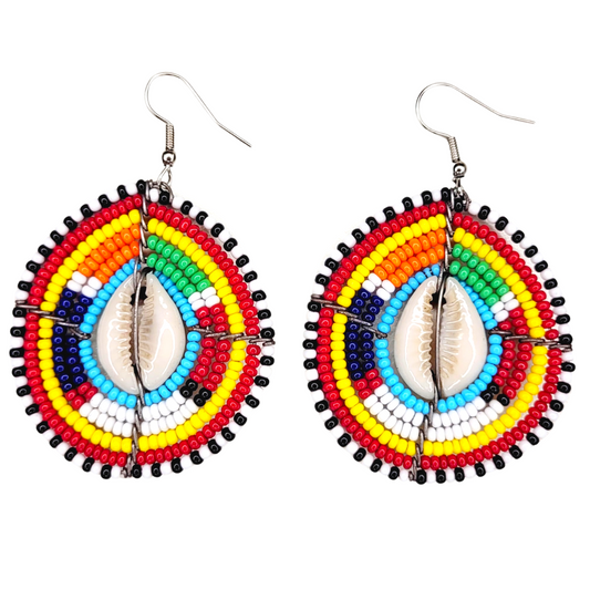 Shop Asali's Maasai Kenyan Circle Beaded Cowrie Shell Earrings - Red, Orange, Green, White, Yellow, and Black