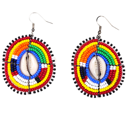 Shop Asali's Maasai Kenyan Circle Beaded Cowrie Shell Earrings - Red, Orange, Green, White, Yellow, and Black