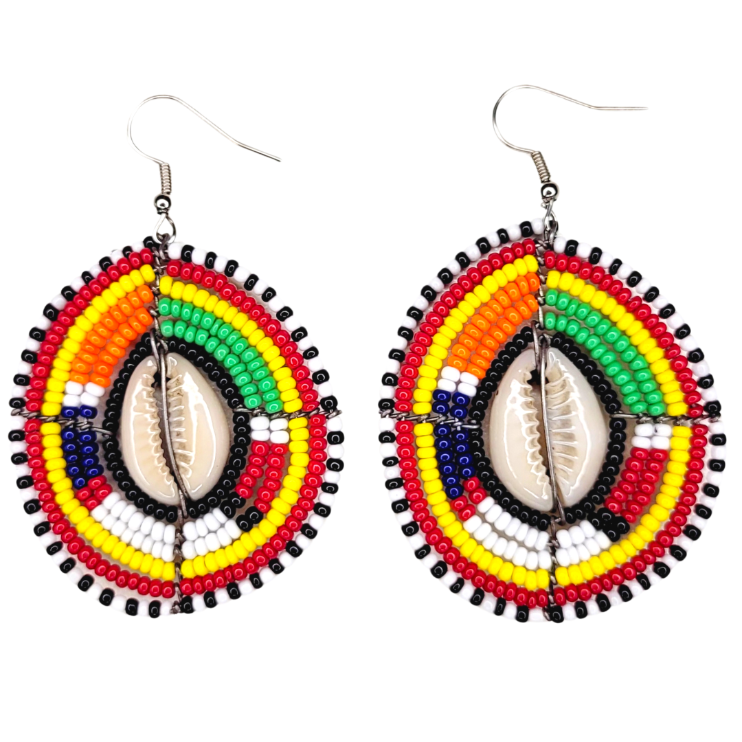 Shop Asali's Maasai Kenyan Circle Beaded Cowrie Shell Earrings - Red, Orange, Green, White, Yellow, and Black