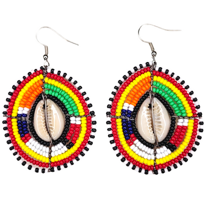 Shop Asali's Maasai Kenyan Circle Beaded Cowrie Shell Earrings - Red, Orange, Green, White, Yellow, and Black