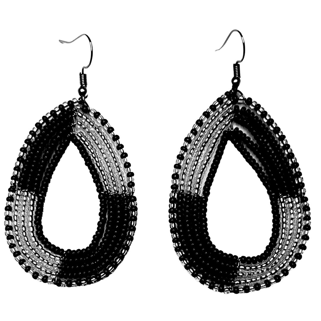 African Kenyan Maasai Beaded Tear Drops Earrings: Color Blocking in Silver, White, Blue, Brown, and Black