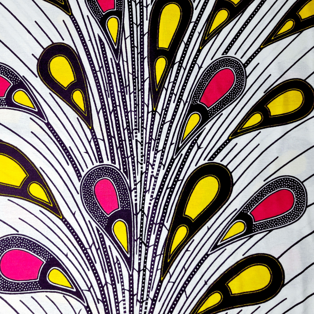 African Fabrics By the Yard- Ankara and Kitenge - White with Hot Pink and Yellow Peacock Feathers