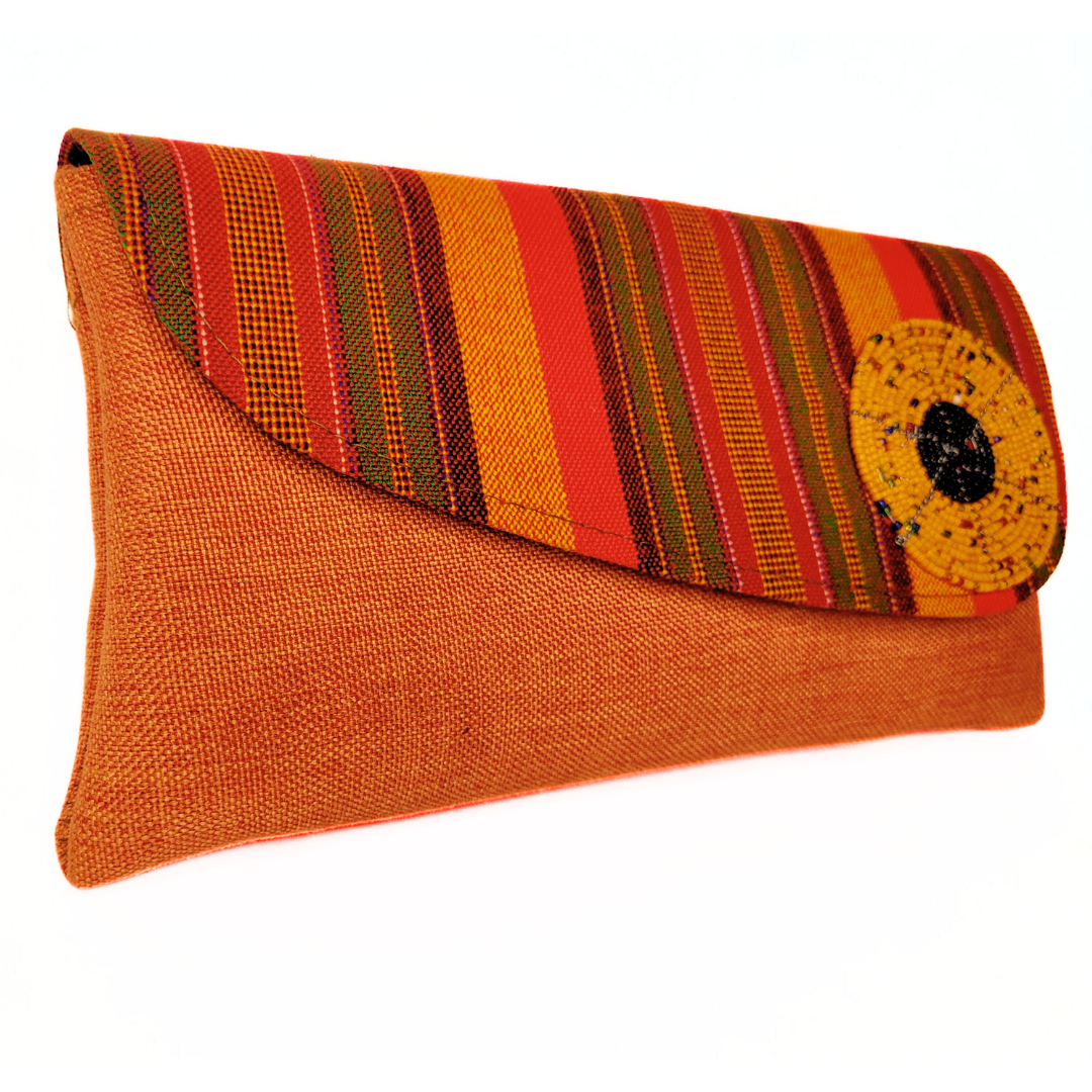 Handmade African Purse Clutches with Kenyan Maasai Fabric Overlay and Beaded Charm Brown