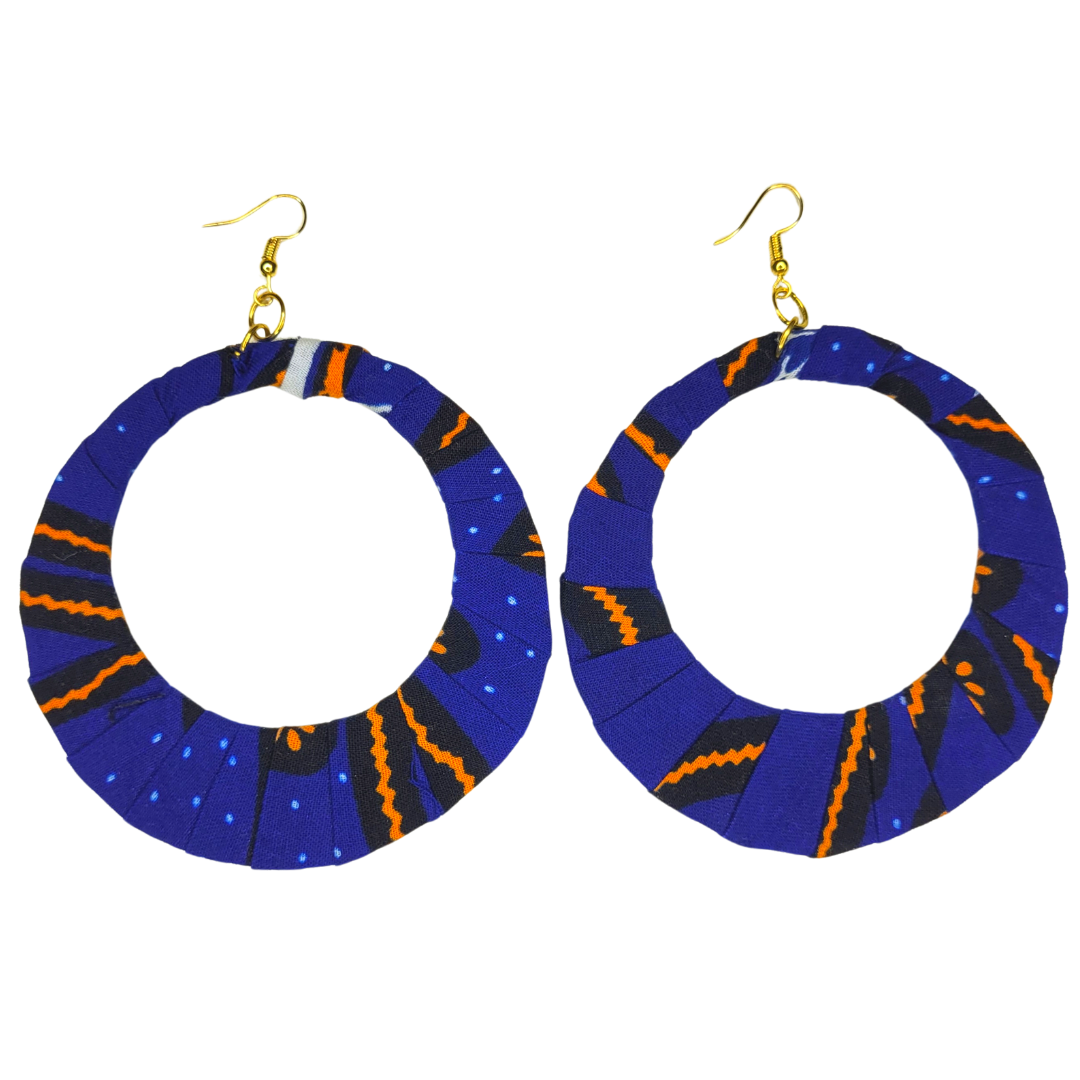 Jumbo, XL Extra Large African Wooden Ankara Kitenge Fabric Wrapped Circle Hoops Earrings - Blue, Navy, Orange, Yellow and Green