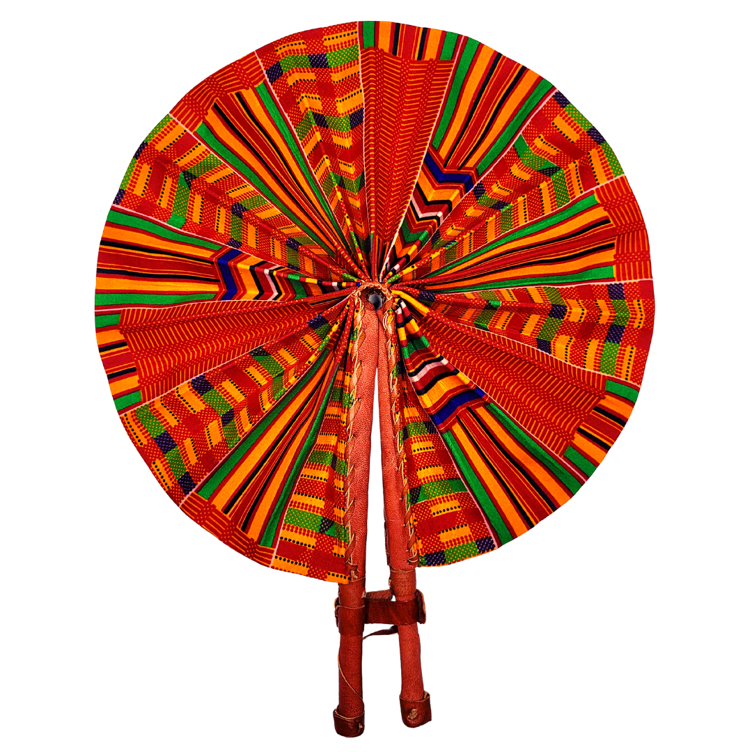 African Ankara Kitenge Kente Dutch Wax Hand Fans with Leather Handles - Reds