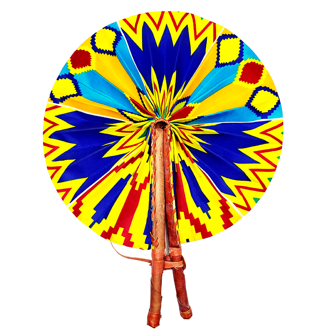African Ankara Kitenge Kente Dutch Wax Hand Fans with Leather Handles - Yellow
