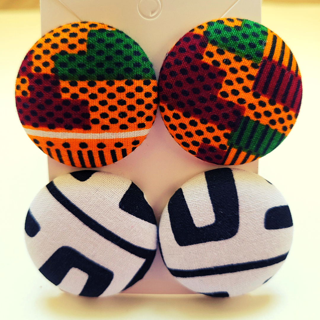 Button Earrings Wrapped in African, Ankara, Mudcloth, Kente, or Other Fabric Prints - 2 Pairs of Button Earrings