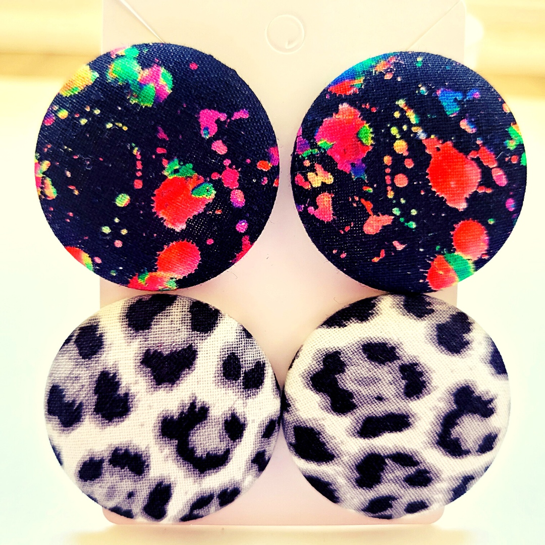 Button Earrings Wrapped in African, Ankara, Mudcloth, Kente, or Other Fabric Prints - 2 Pairs of Button Earrings
