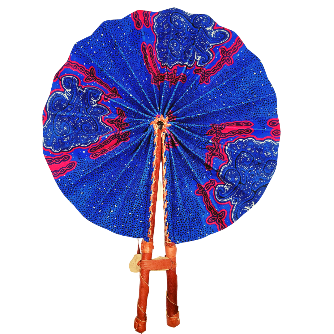 African Ankara Kitenge Kente Dutch Wax Hand Fans with Leather Handles - Blues