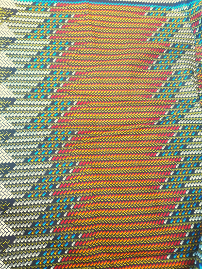 African Fabrics By the Yard - Kitenge - Basket Weaving Pattern. Red, Black, Blue, White, Yellow, and Orange