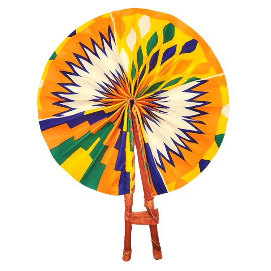 African Ankara Kitenge Kente Dutch Wax Hand Fans with Leather Handles - Yellow