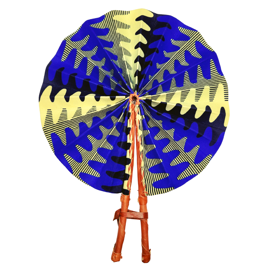 African Ankara Kitenge Kente Dutch Wax Hand Fans with Leather Handles - Blues