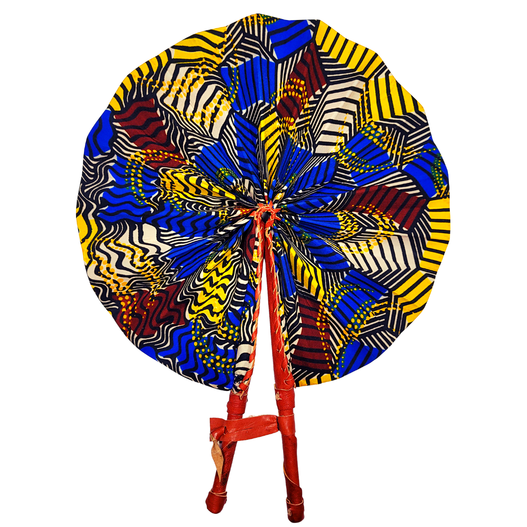 African Ankara Kitenge Kente Dutch Wax Hand Fans with Leather Handles - Blues