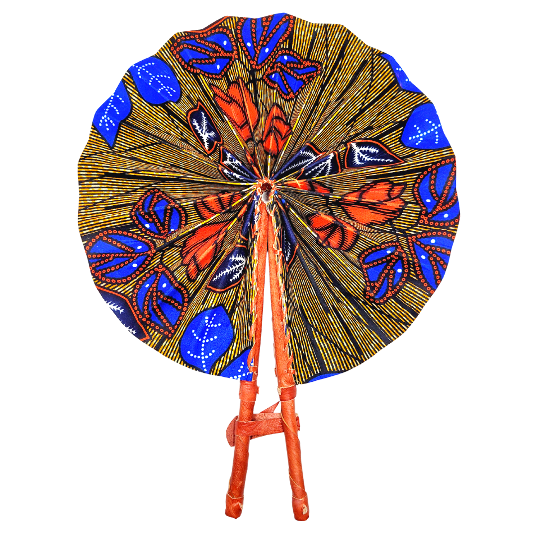 African Ankara Kitenge Kente Dutch Wax Hand Fans with Leather Handles - Blues