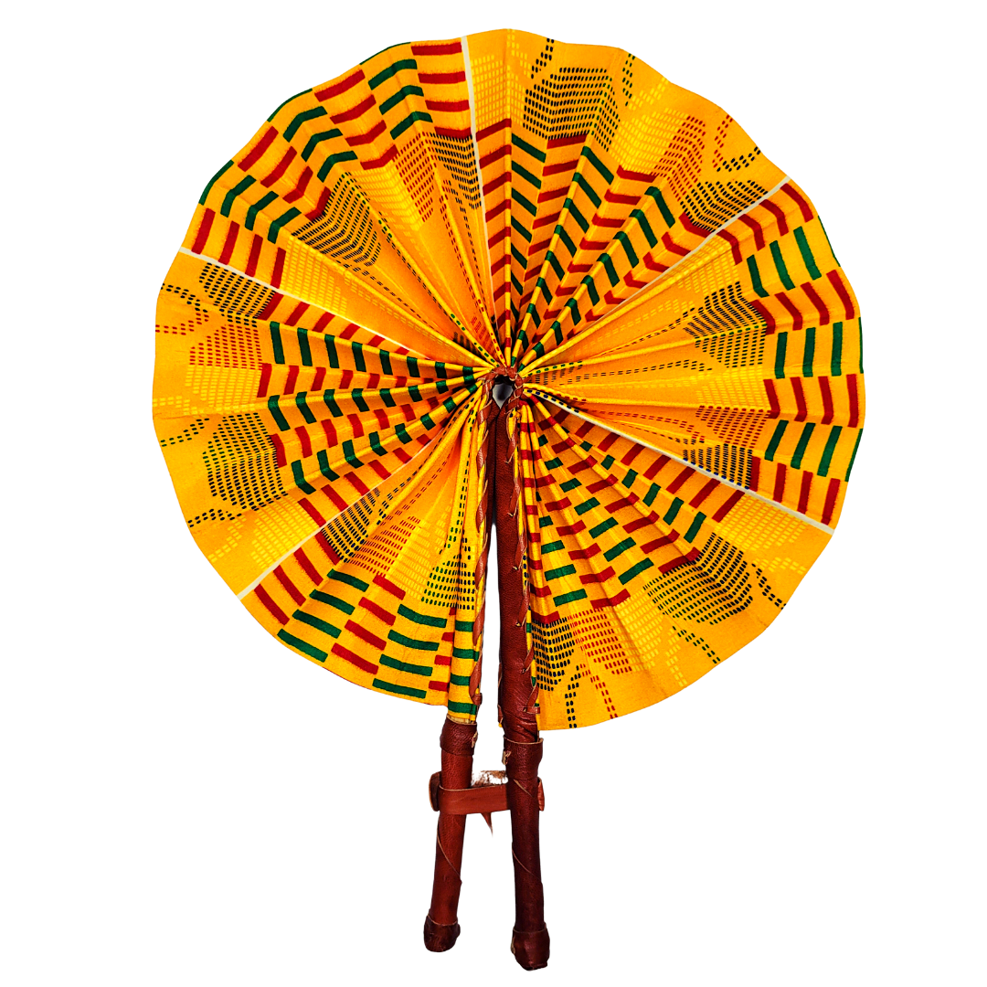 African Ankara Kitenge Kente Dutch Wax Hand Fans with Leather Handles - Yellow