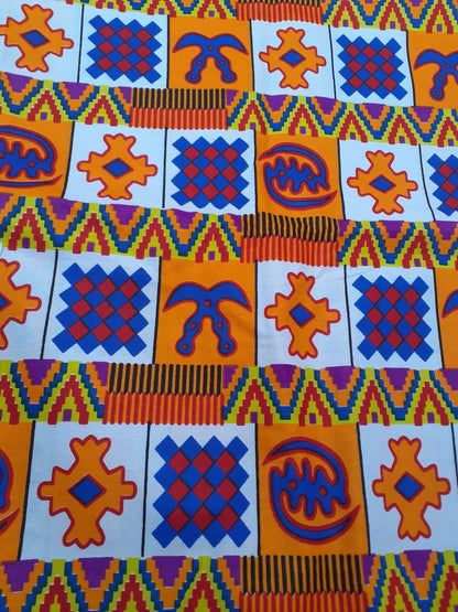 African Fabrics By the Yard - Kente - Andinkra Symbols #1 - White, Orange, Blue and Red
