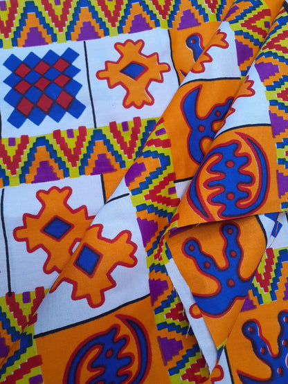 African Fabrics By the Yard - Kente - Andinkra Symbols #1 - White, Orange, Blue and Red