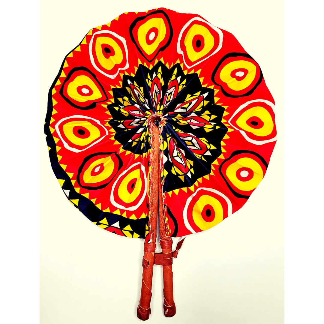 African Ankara Kitenge Kente Dutch Wax Hand Fans with Leather Handles - Reds