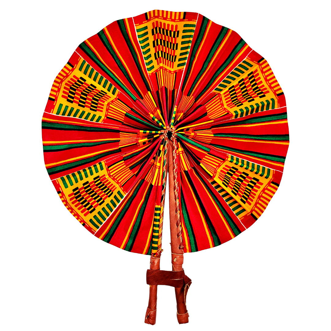 African Ankara Kitenge Kente Dutch Wax Hand Fans with Leather Handles - Reds