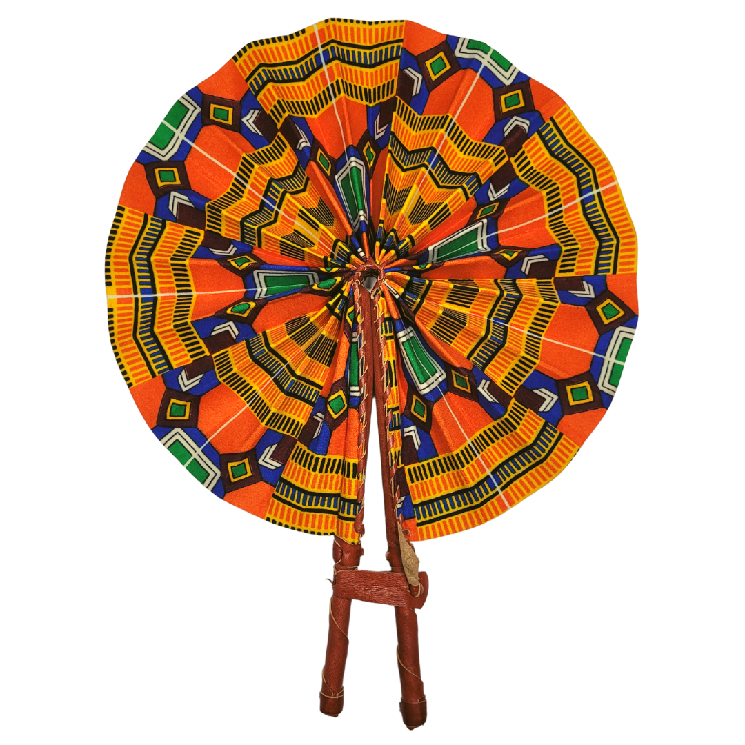 African Ankara Kitenge Kente Dutch Wax Hand Fans with Leather Handles - Orange