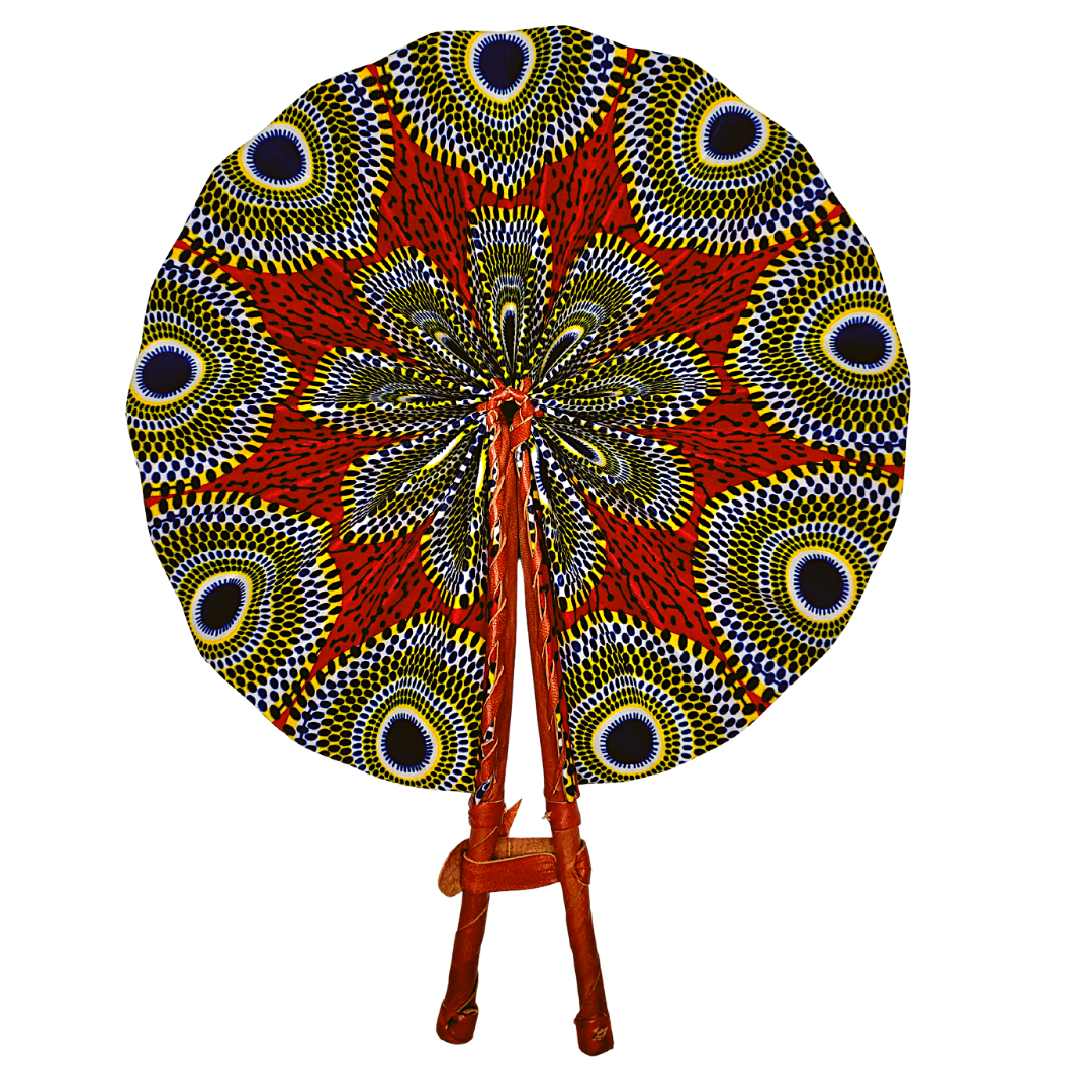 African Ankara Kitenge Kente Dutch Wax Hand Fans with Leather Handles - Reds