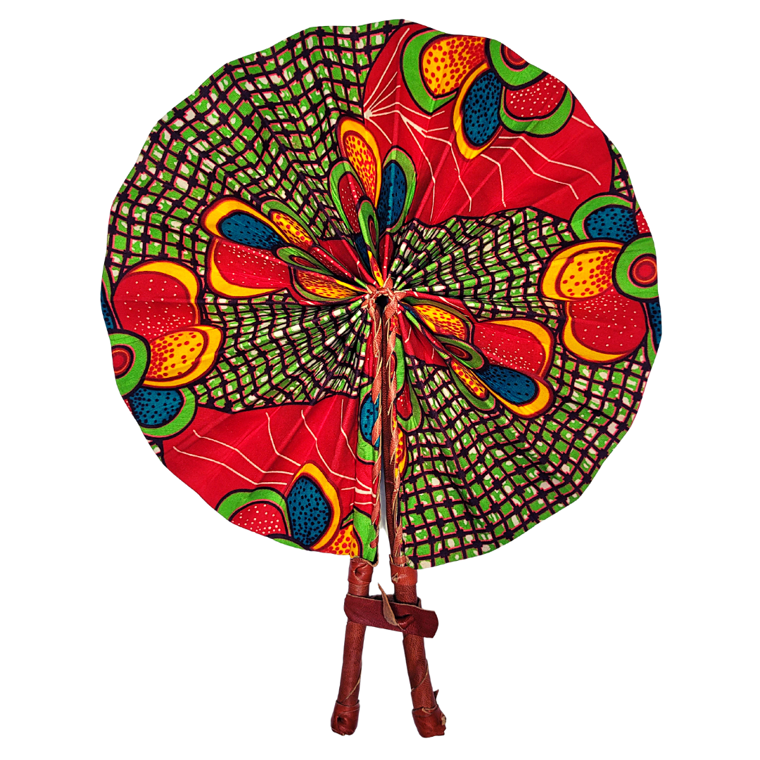 African Ankara Kitenge Kente Dutch Wax Hand Fans with Leather Handles - Reds