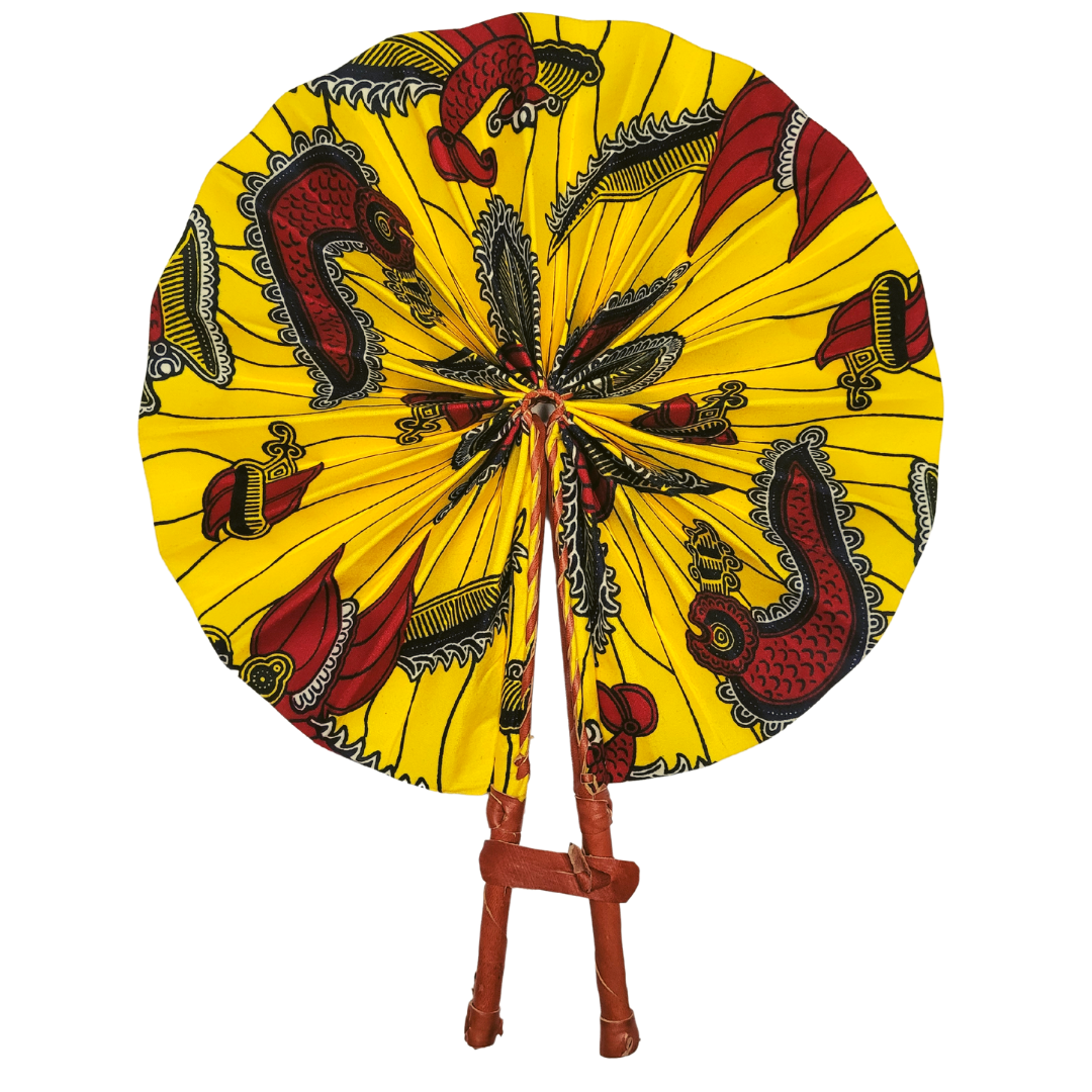 African Ankara Kitenge Kente Dutch Wax Hand Fans with Leather Handles - Yellow