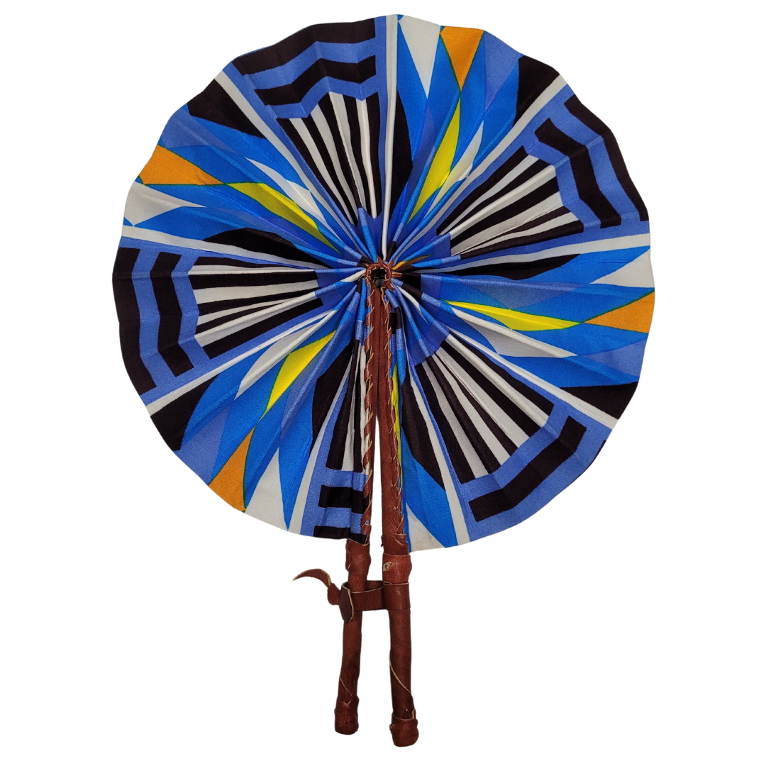 African Ankara Kitenge Kente Dutch Wax Hand Fans with Leather Handles - Blues