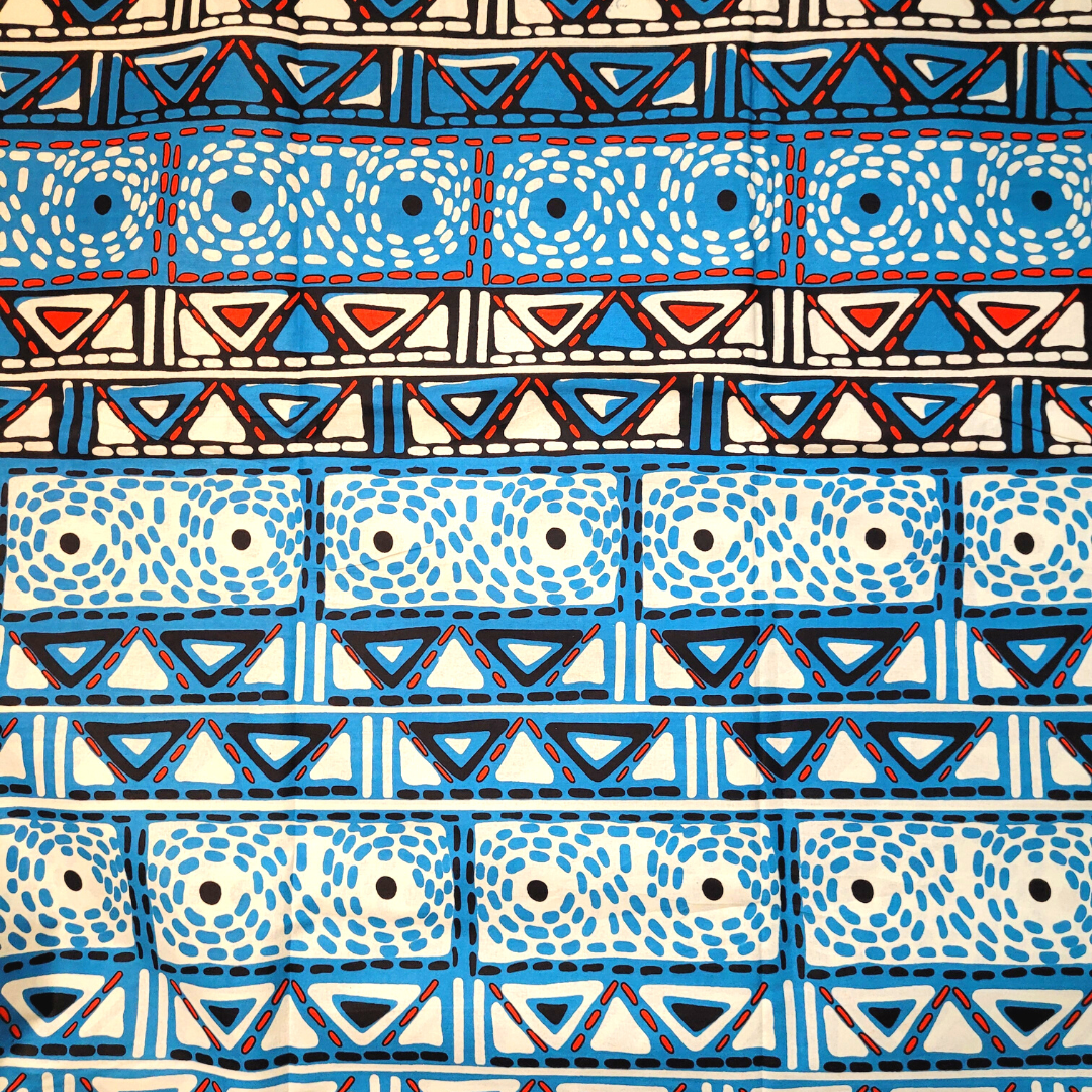 African Fabrics By the Yard - Mudcloth Print - Blue, White, Black, and Splashes of Red