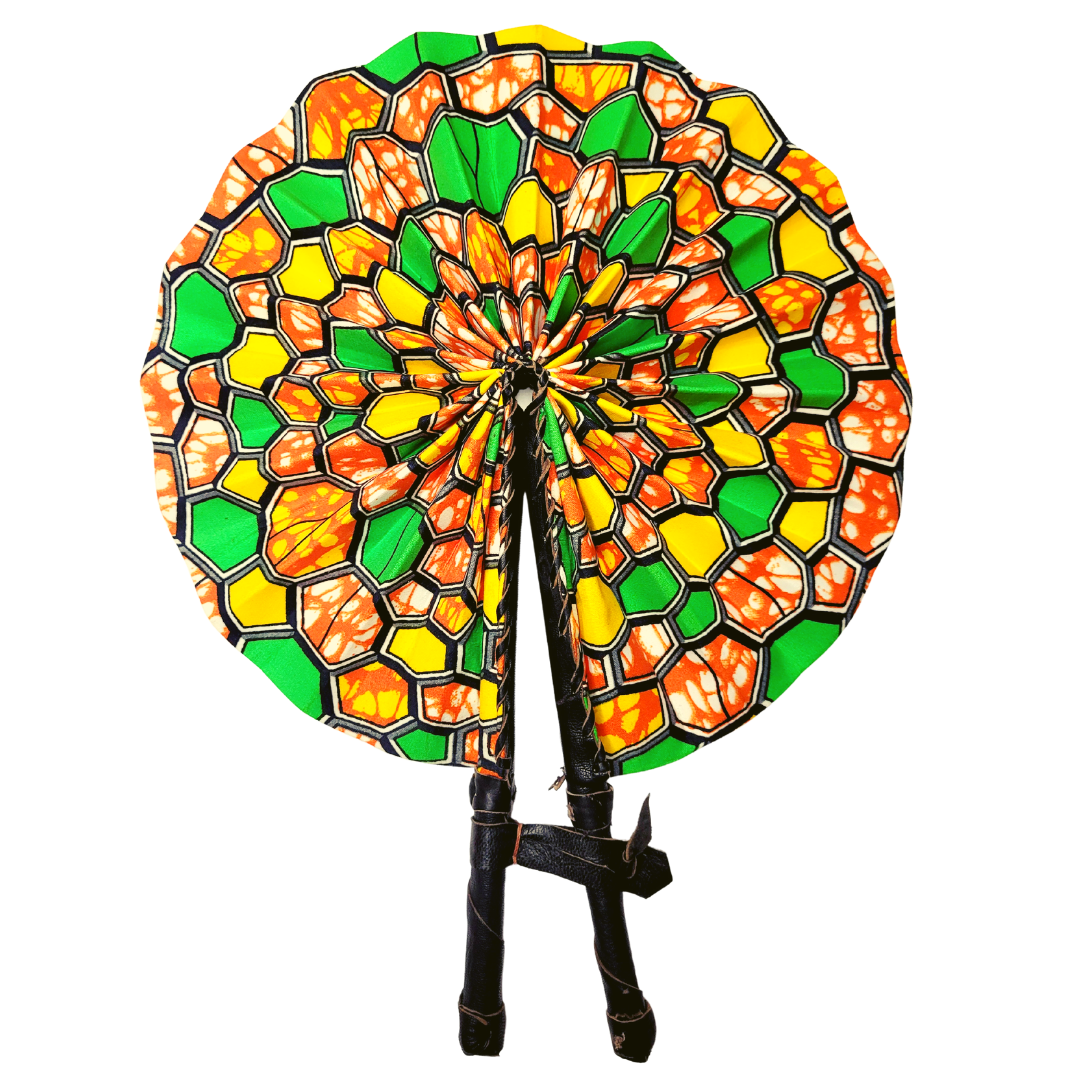African Ankara Kitenge Kente Dutch Wax Hand Fans with Leather Handles - Orange