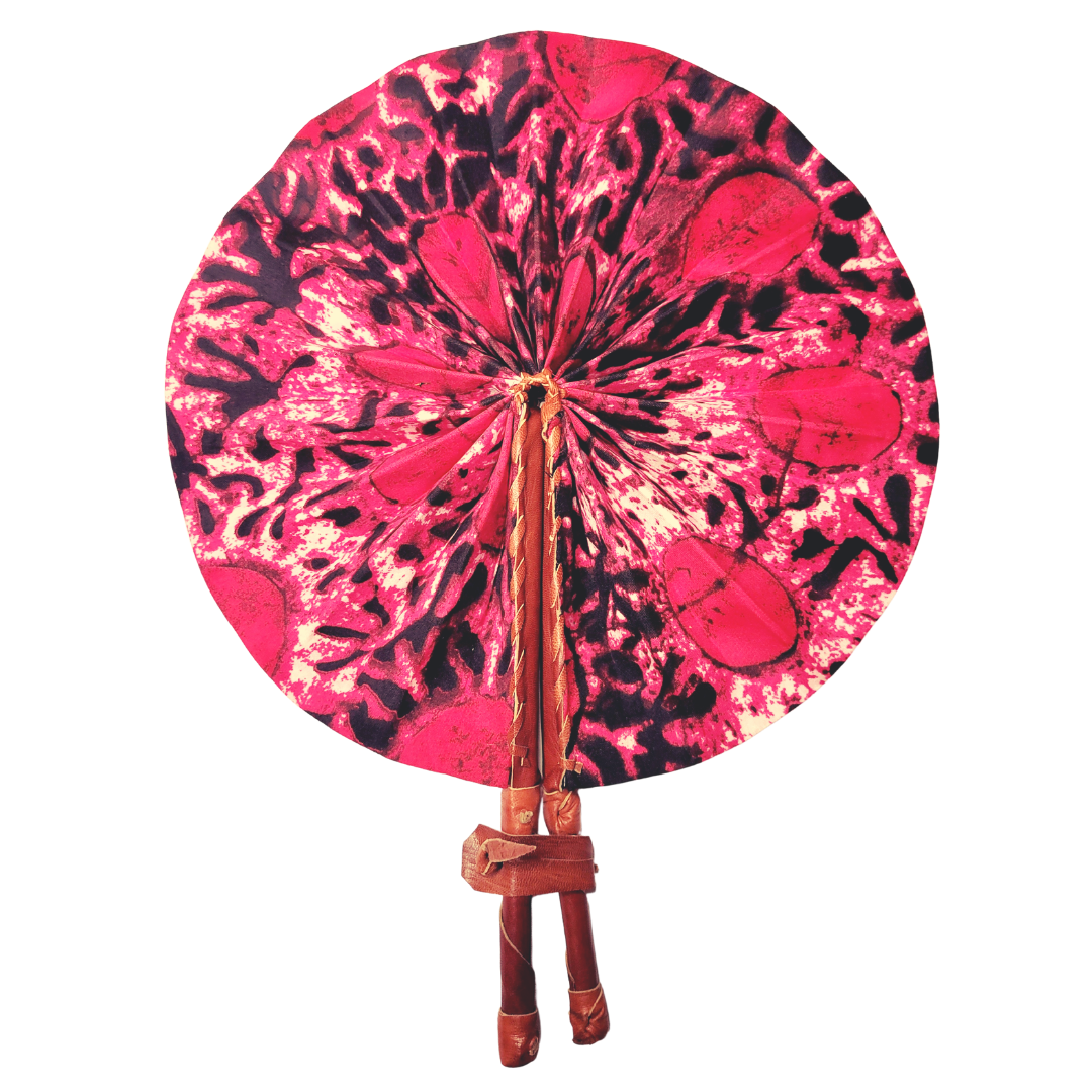 African Ankara Kitenge Kente Dutch Wax Hand Fans with Leather Handles - Tie Dye
