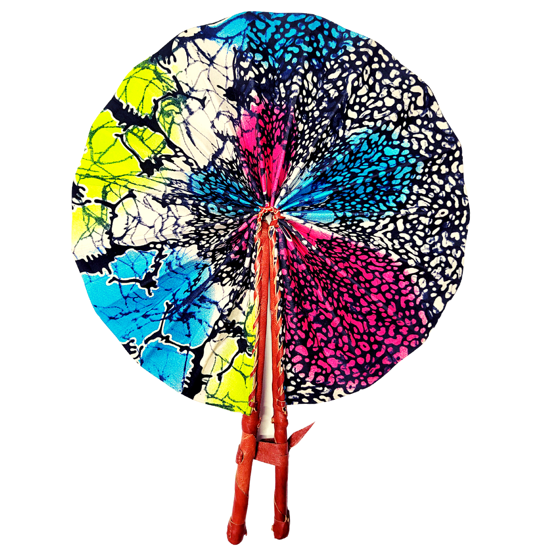 African Ankara Kitenge Kente Dutch Wax Hand Fans with Leather Handles - Tie Dye