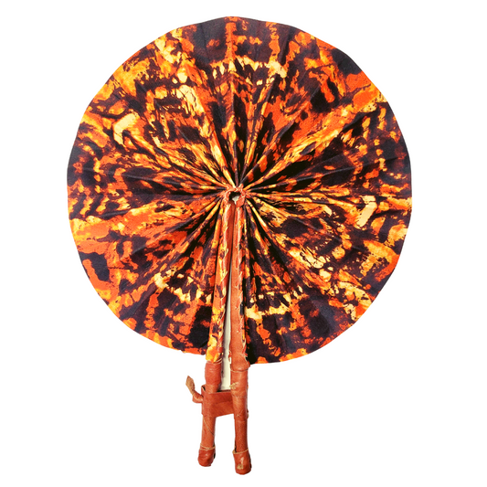 African Ankara Kitenge Kente Dutch Wax Hand Fans with Leather Handles - Tie Dye