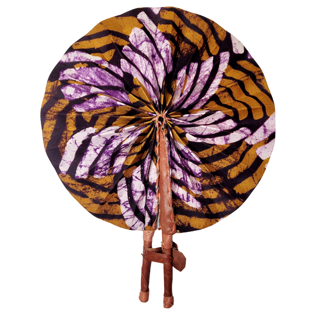 African Ankara Kitenge Kente Dutch Wax Hand Fans with Leather Handles - Tie Dye