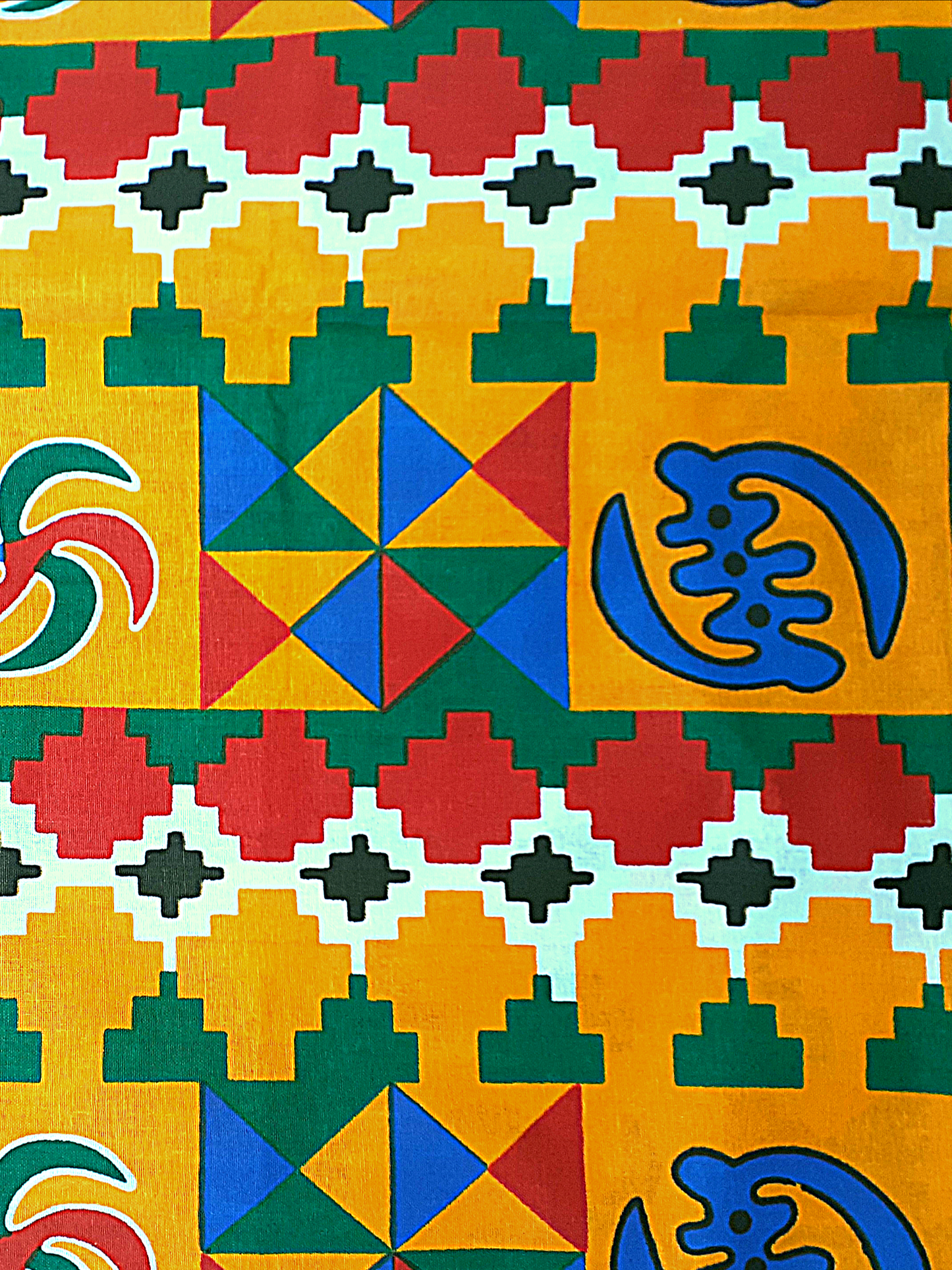 African Fabrics By the Yard - Kente - Andinkra Symbols #2 - Marigold, Blue, Green, Red, and Black