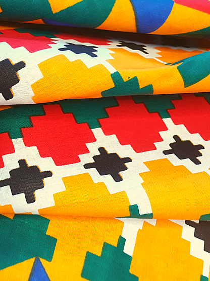 African Fabrics By the Yard - Kente - Andinkra Symbols #2 - Marigold, Blue, Green, Red, and Black